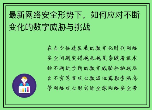 最新网络安全形势下，如何应对不断变化的数字威胁与挑战